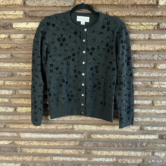 Vintage Charcoal Black Floral Flocked Merino Wool Cardigan Sweater Size Small P - Picture 7 of 7